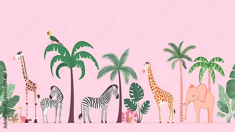 Naklejka premium Jungle, tropical illustration. Tiger, parrots, giraffe, zebra, elephant, palm trees, flowers.