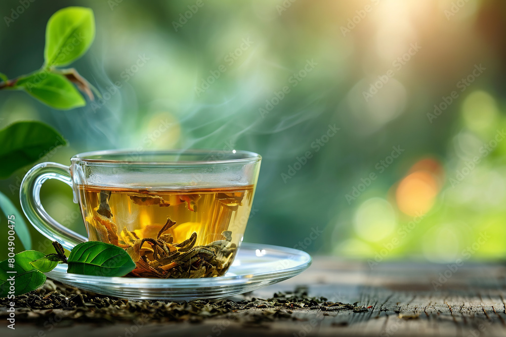 Cup of green tea with leaves on wooden table in nature. Hot drink. Copy space Cup of green tea with leaves on wooden table in nature. Hot drink. Copy space