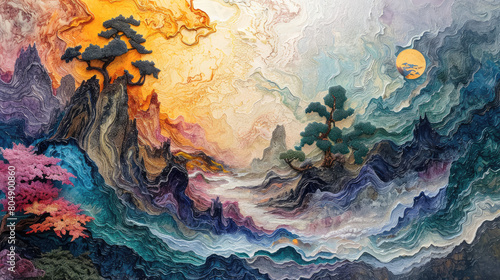 A painting of a mountain range with a tree in the foreground