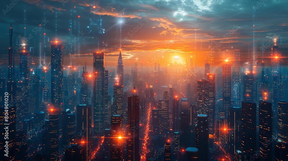 A beautiful painting of a futuristic city with skyscrapers and a bright orange sunset.