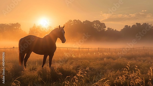A beautiful landscape of a horse standing in a golden field of wheat during sunrise with a beautiful orange sky and white clouds.