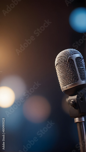 Vintage microphone on stage with musical and audio equipment elements