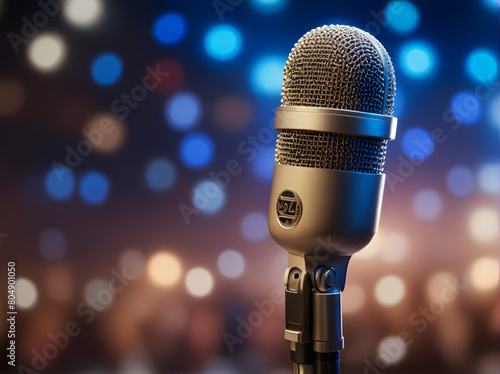 Vintage microphone on stage with musical and audio equipment elements