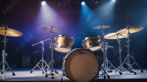 drum kit on stage with spotlight