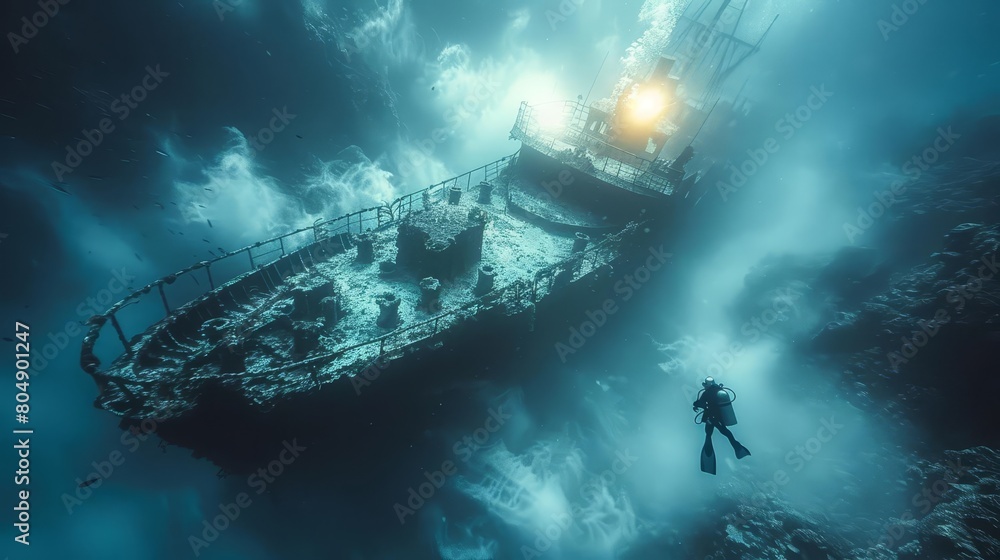 A lone scuba diver explores a shipwreck lying on the ocean floor. A lone scuba diver explores a shipwreck lying on the ocean floor.
