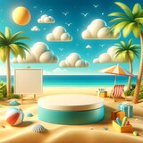 Cartoon Sand Podium on Beach with Palm Trees for Product Display