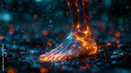 A glowing foot steps on the ground leaving a fiery trail behind. photo