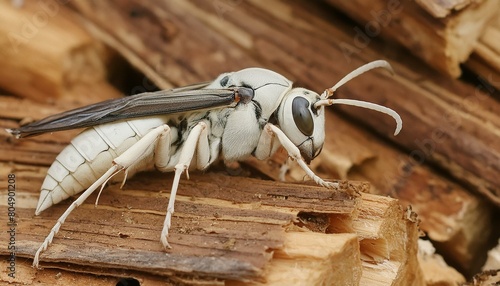 Closeup on a worker Asian long legged predatory hornet, Vespa velutina sitting on a piece of wood photo