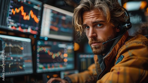 A male stock trader with blond hair and blue eyes wearing a headset looks at the camera while working at his trading desk.