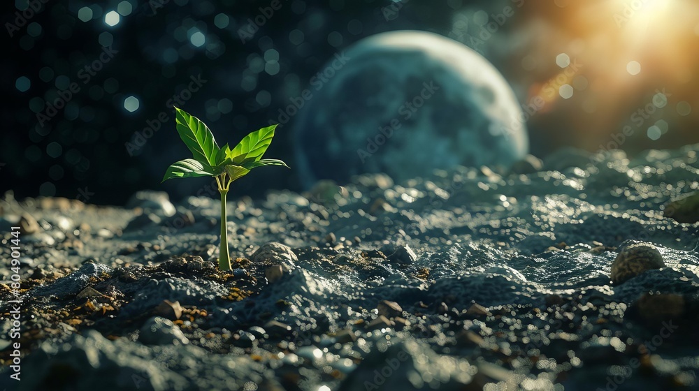 A small plant grows on the moon with the moon in the background. A small plant grows on the moon with the moon in the background.