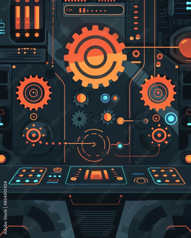 Abstract concept of automated service, visualized with closeup gears and digital screens of a selfservice machine, symbolizing efficiency and technology Abstract concept of automated service, visualized with closeup gears and digital screens of a selfservice machine, symbolizing efficiency and technology
