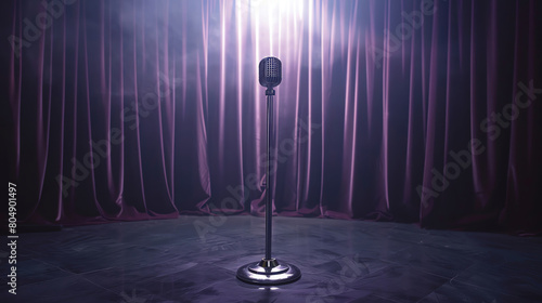An elegant vintage microphone on a classic stand, spotlighted on a dark stage with velvet curtains, perfect for an upscale performance or show photo