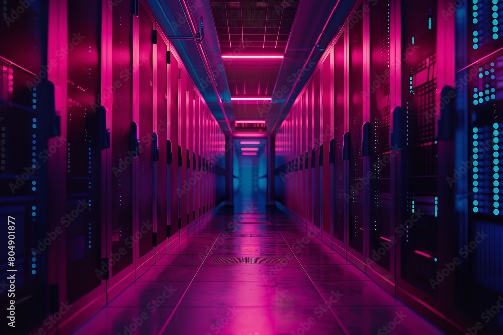 Server racks in a modern data center, dark. Generative Ai