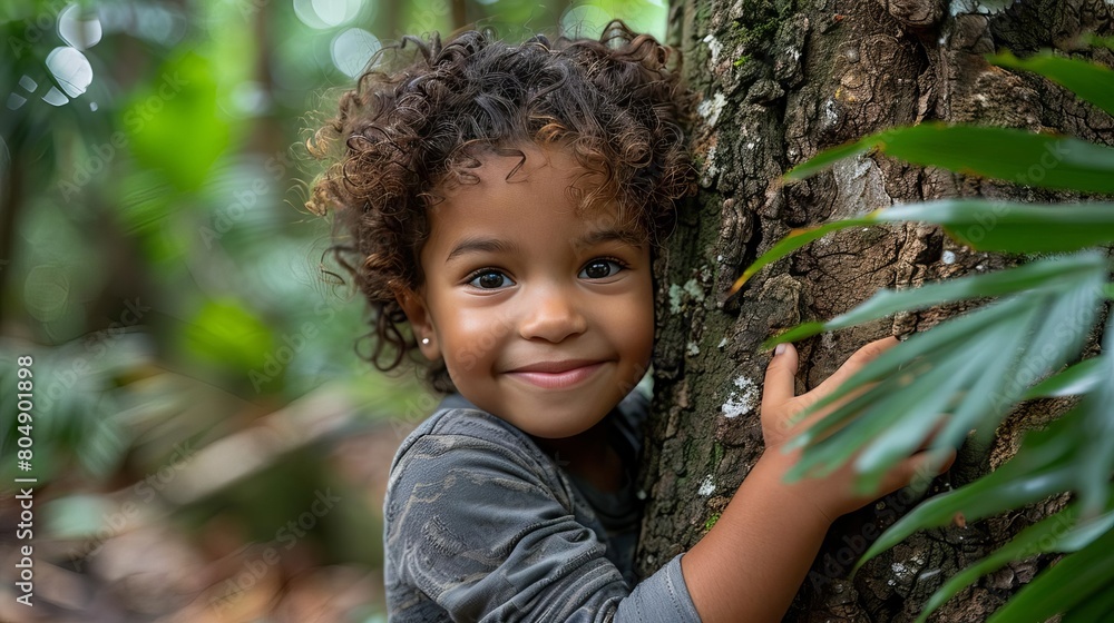 Little girl hugging a tree in the forest Little girl hugging a tree in the forest