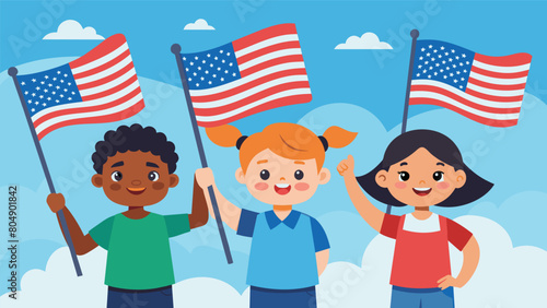 Proud to be American these little ones gleefully wave their flags in the air showing their love for their country on this special day.. Vector illustration