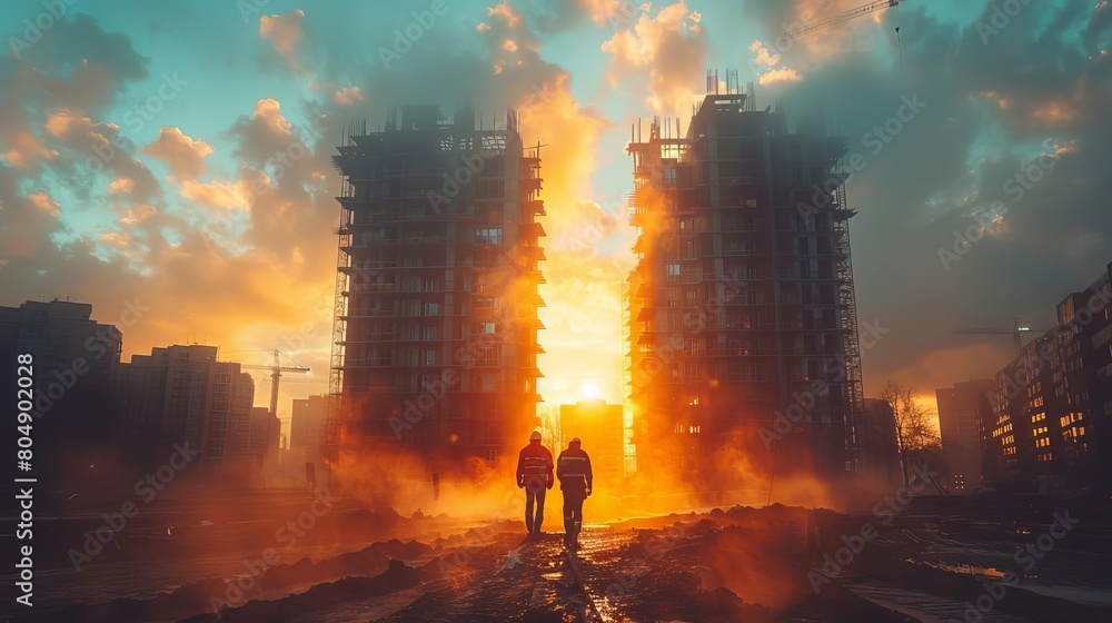 Obraz premium Two construction workers are walking towards a setting sun between two tall buildings under construction.