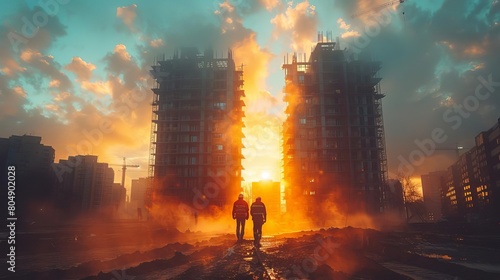 Two construction workers are walking towards a setting sun between two tall buildings under construction.