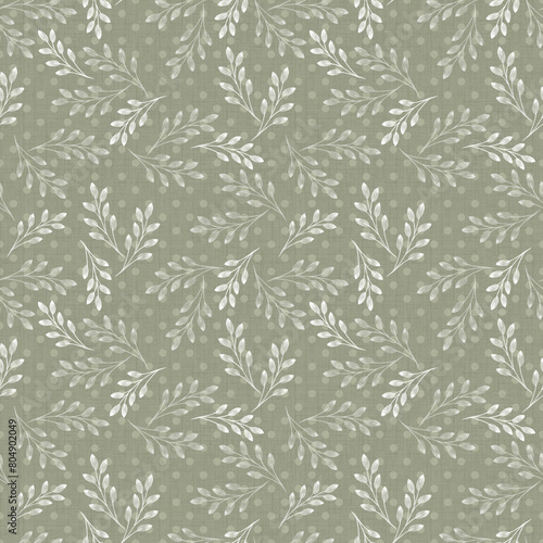 Seamless monochrome pattern with leaves. White leaves on an olive background with polka dots.
