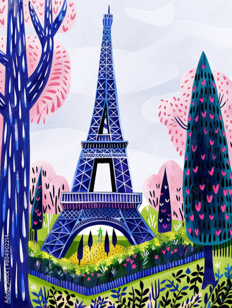 Paris city skyline cute colorful hand drawn style illustration
