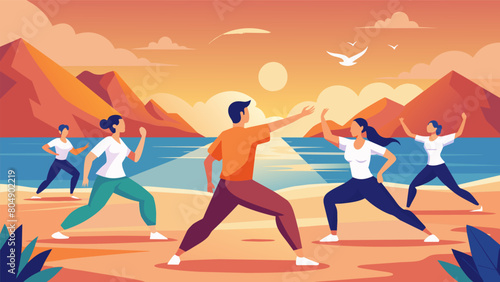 As the sun rises over the horizon a group of friends gather on a quiet beach performing Tai Chi movements in unison..