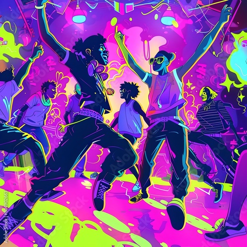 Joyful and Whimsical Cartoon like Characters Engaged in a Vibrant Neon infused Dance off