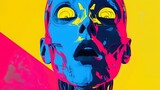 Vivid Futuristic Cyborg Companions with Shocked and Surprised Expressions in Neon and Electric Colors
