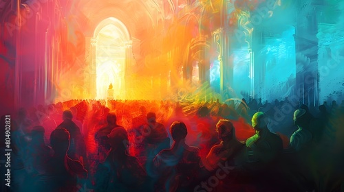 Surreal Ecstasy of a Sacred Ritual Congregation Bathed in Ethereal Chromatic Splendor
