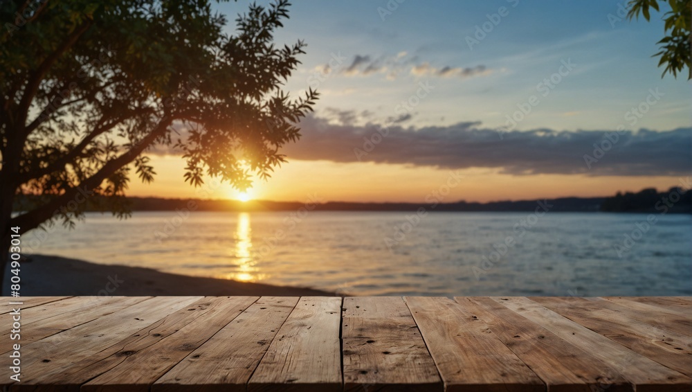 Empty Wood table top with decorative outdoor string lights hanging on tree in the garden , Daylight saving time end, real estate concept and blurred landscape of river beach Blue sky with sunset