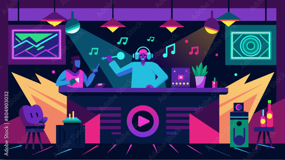 Obraz premium The first corner of the bar is decked out in neon lights and graffiti with t beats of electronic dance music blasting from the speakers. The walls are Vector illustration