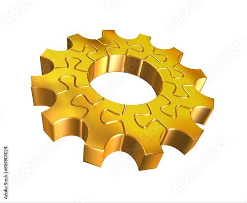Gear wheel puzzle golden.  3D rendering illustration isolated on white background