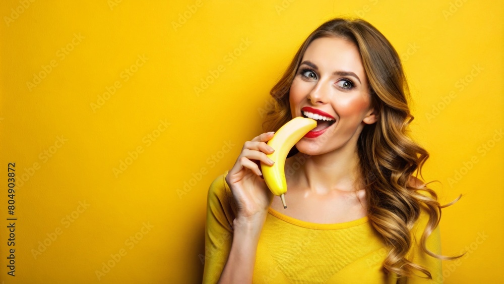 A young beautiful woman stands against a bright yellow background and playfully puts a banana in her mouth. A young beautiful woman stands against a bright yellow background and playfully puts a banana in her mouth.