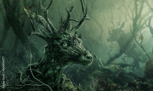 Imaginary creature resembling a forest spirit in mystical setting