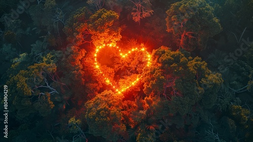 neon heart glowing in the center of a dense forest of red and yellow