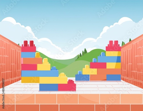 blocks building Plastic toy block background wall frame blank brick structure wit ground pattern school game day care center children childhood modern isolated blue stone architect lego