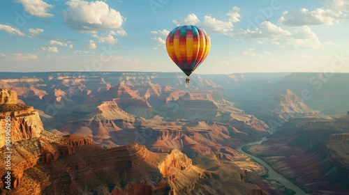 Hot air balloon floating over Grand Canyon with copy space area.