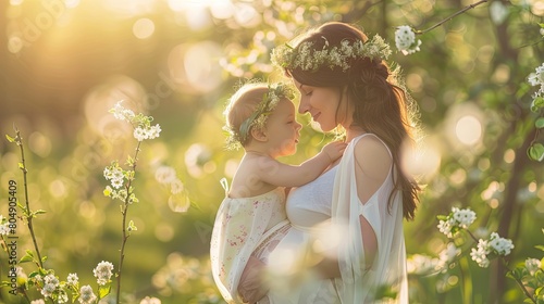 Nurturing motherhood in nature with blooming flowers and serene landscape
