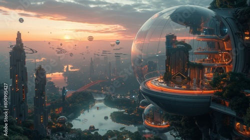 The big city of the future is located in the center of a futuristic high-tech city