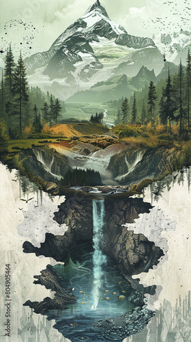Composite image illustrating the lifecycle of mountain rivers flowing from glaciers through forests to volcanic baseswater color illustrations