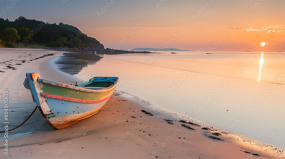 Sunrise Solitude: Boat Moored on Serene Beach Sunrise Solitude: Boat Moored on Serene Beach