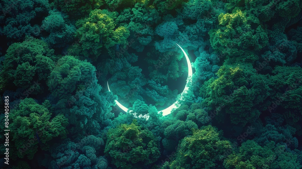 neon crescent glowing amidst a dense forest of vibrant green and electric blue