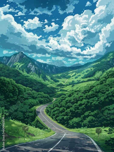 An illustration of a high view of a long highway surrounded by beautiful natural scenery and a stunning blue sky.