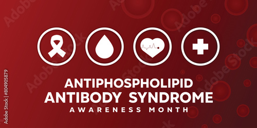 Antiphospholipid Antibody Syndrome APS Awareness Month. Ribbon, blood, heart and plus icon. Great for cards, banners, posters, social media and more. Red background. 