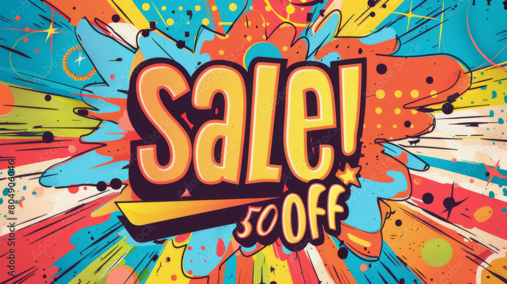 A lively comic-style explosion graphic advertising a vibrant sale with a huge 50% off discount, designed to grab attention.