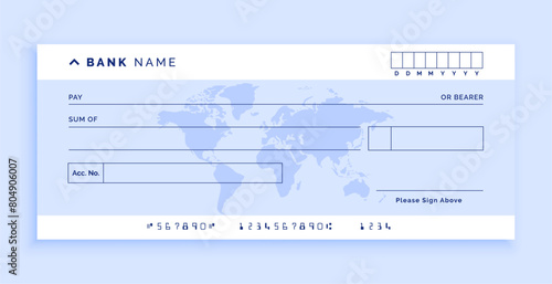 blank bank cheque paper mockup with worldmap design