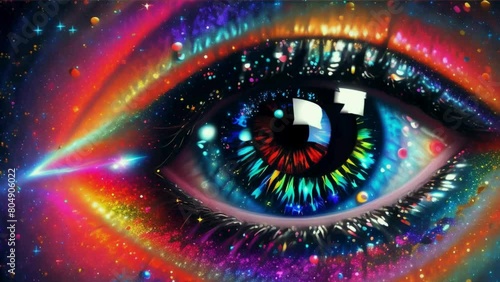 A vibrant explosion of light and color, swirling in a psychedelic spiral against a backdrop of deep space, with glowing eyes peeking through the cosmic chaos