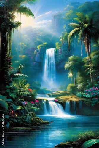 A painting depicting a powerful waterfall cascading down rocks into a river in the lush jungle environment. The water flows energetically, surrounded by vibrant green foliage and towering trees.