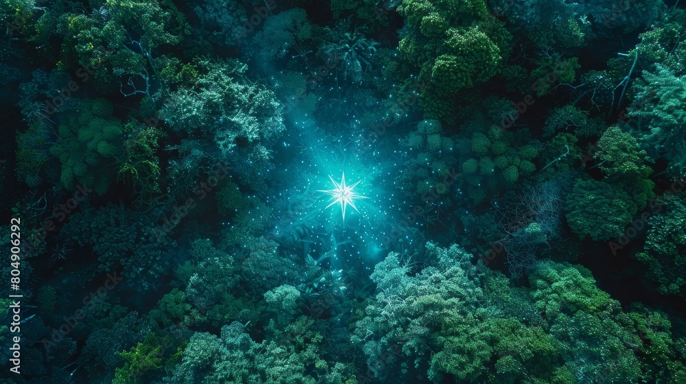 neon star standing out in a dense forest of green and indigo neon star standing out in a dense forest of green and indigo