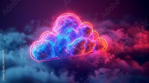 A neon-colored cloud, shaped like a computing icon, hovering in an isometric space