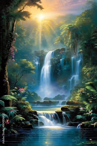 Tropical rainforest waterfall in the jungle landscape. Palm trees pond misty morning flowers and tropics.