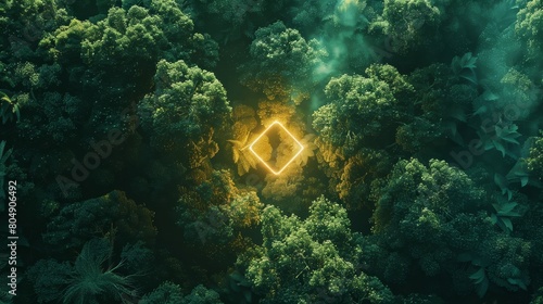 neon diamond glowing amidst a lush forest of forest and pinec photo